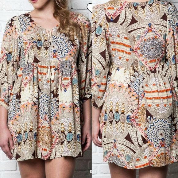 Umgee Boho Feather Babydoll Dress Size Medium